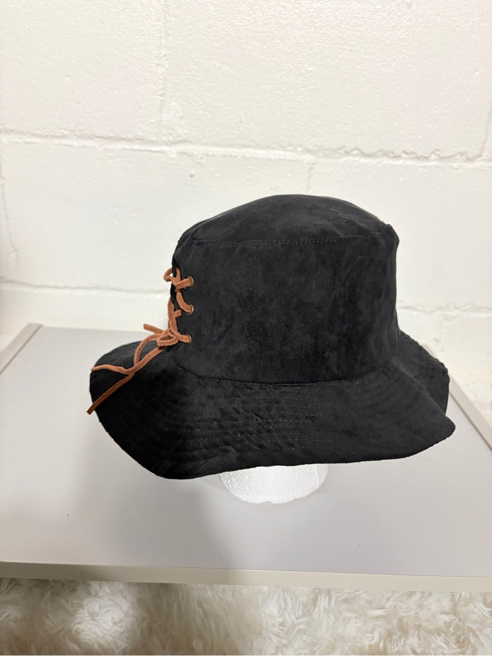 Black Suede-Style Bucket Hat with Tan Lace Accent